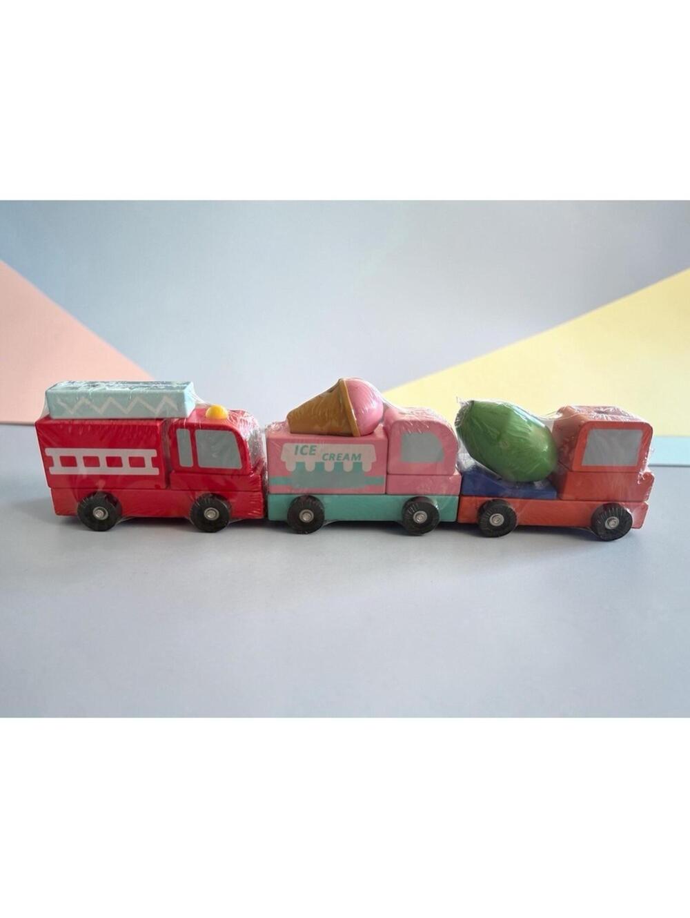 NEW Wooden Stacking Vehicle Blocks Set of 3 Fire, Ice-cream & Cement Truck